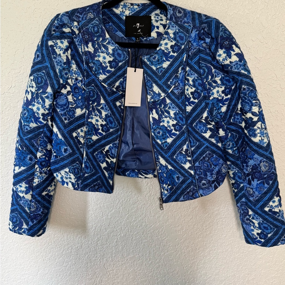 7 For All Mankind Blue Quilted Floral Zip Blazer